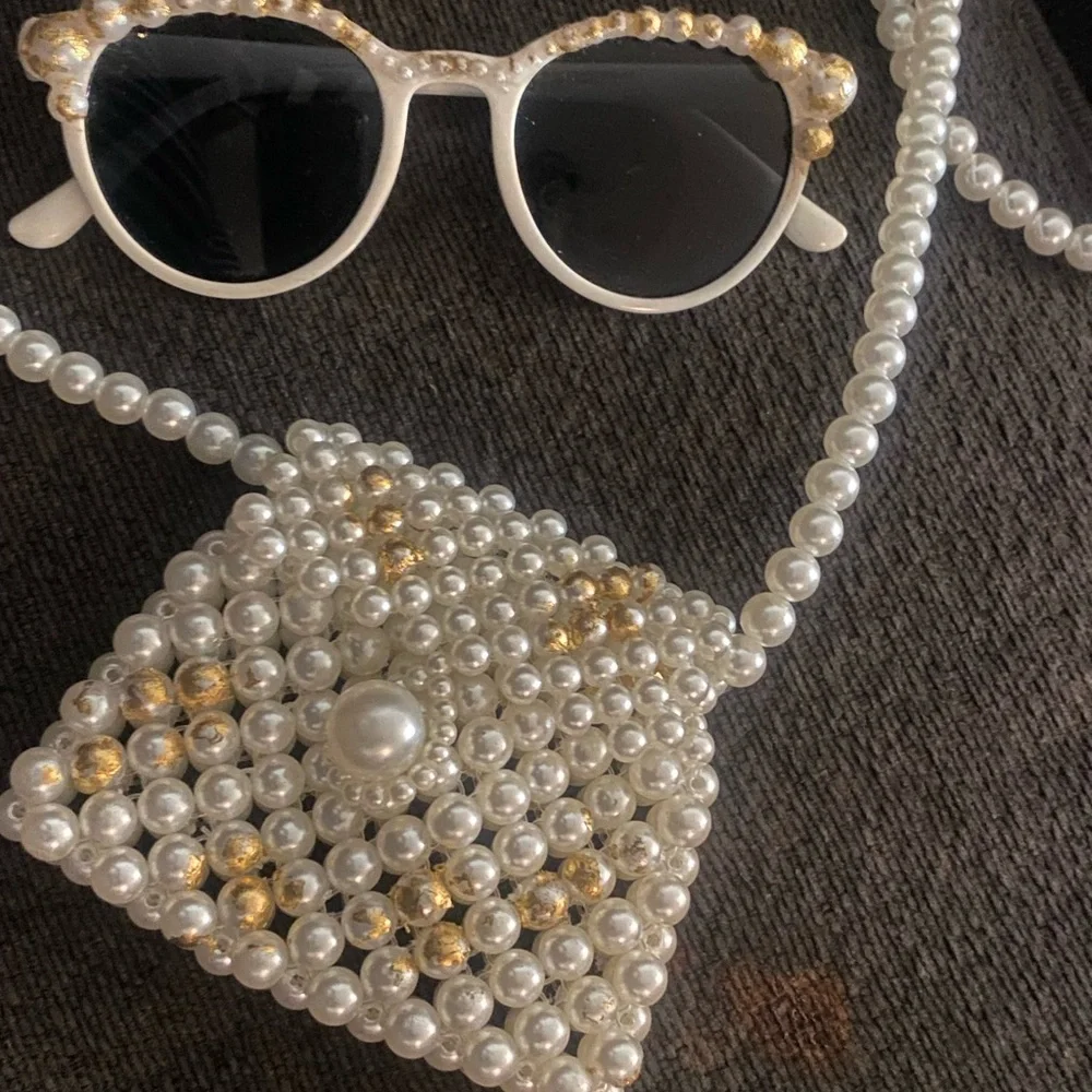 Handmade Elegant Pearl and Gold girls Sunglasses and Bag Set